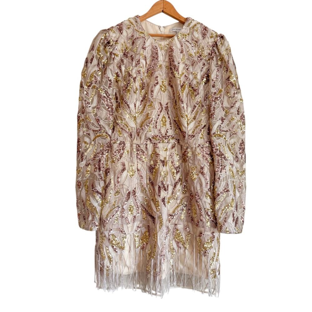 Dress the Population Mini Dress Sequin  Fringe Long Sleeve Ivory Multi Formal
